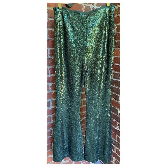 NWOT Anthropologie Joni Sequin Flare Pants in Dark Green Size 10 - Picture 11 of 14